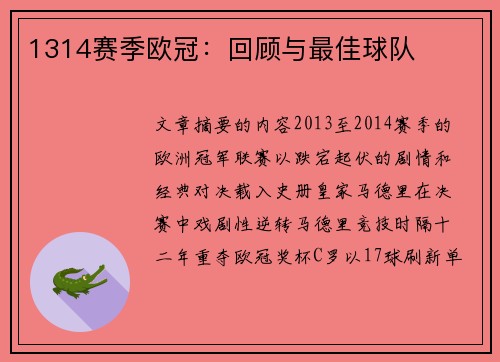 1314赛季欧冠：回顾与最佳球队