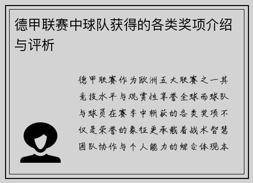 德甲联赛中球队获得的各类奖项介绍与评析